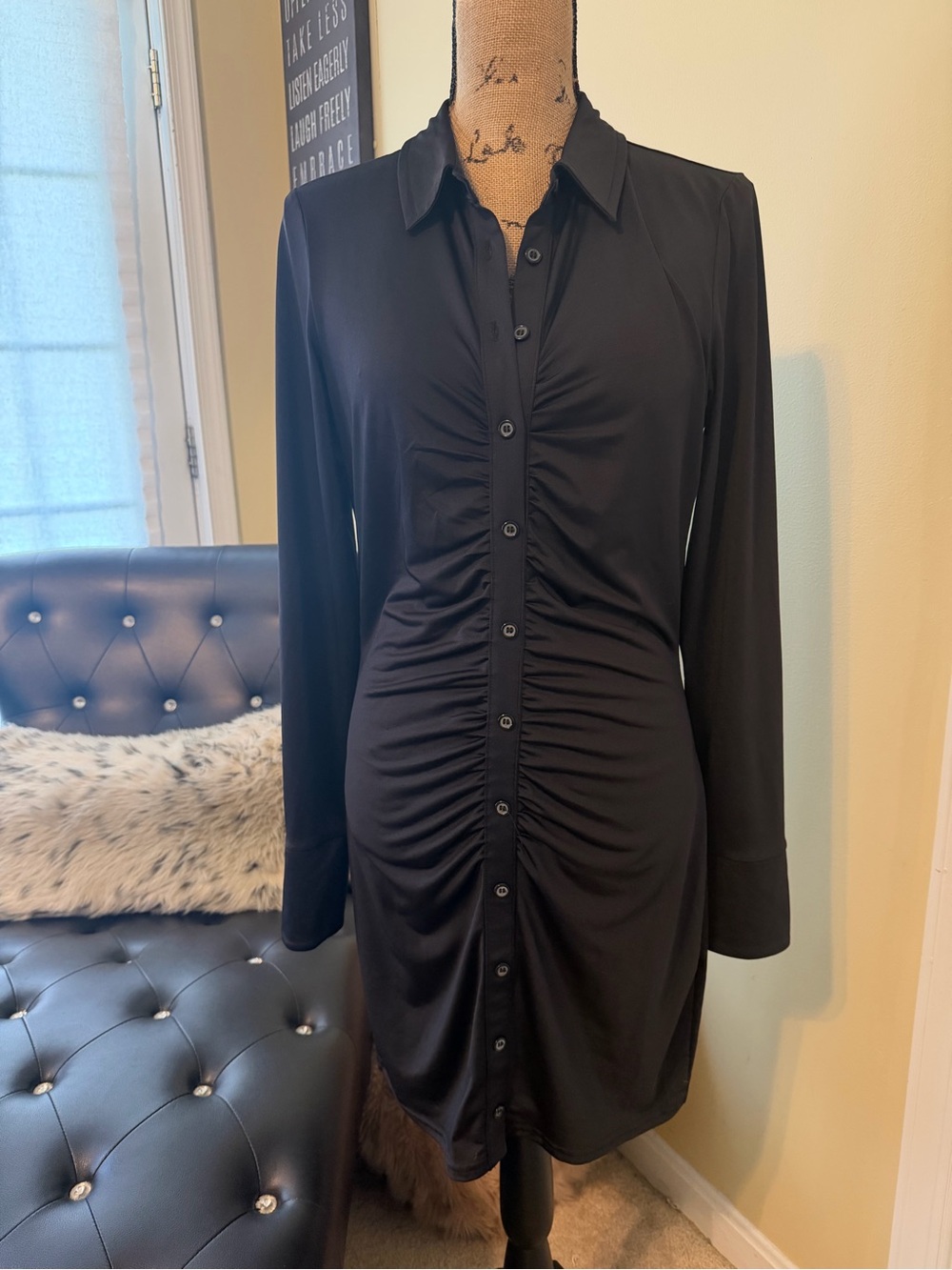 H&M Black Long-Sleeve Ruched Button-Front Shirt Dress